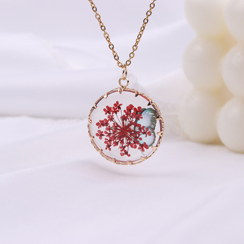 Wholesale Butterfly  Gold and Silver Dried Flower Glass Pendant Necklaces