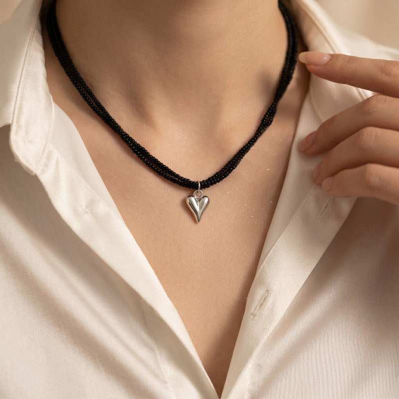 Wholesale Black Rice Bead Heart Pendant Necklace Double Layer Clavicle Chain Trendy Fashion Accessory For Women Gift Boutique Resale