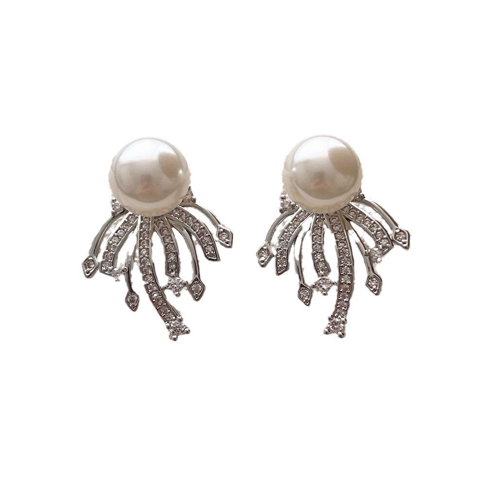 Wholesale Silver Needle Zircon Fireworks Pearl Earrings
