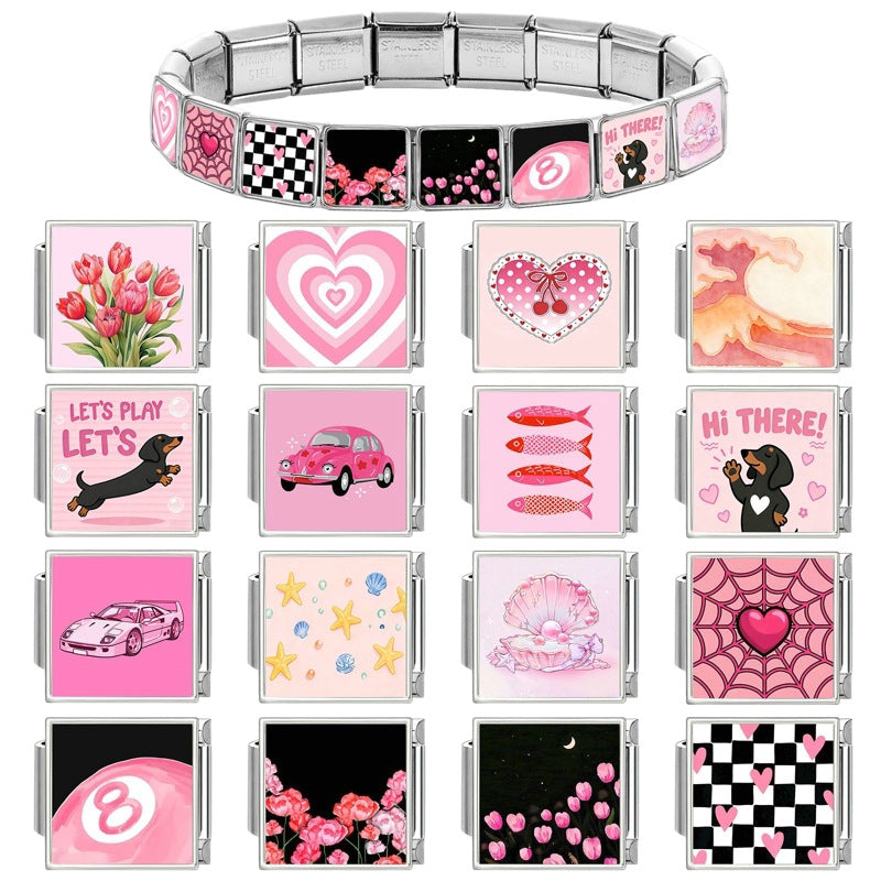 Wholesale Italian Style DIY Pink Heart Pet Car Theme Stainless Steel Bracelet Jewelry Accessory