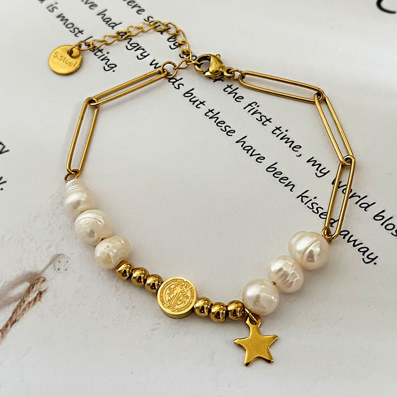 Wholesale stainless steel natural pearl five-pointed bracelet
