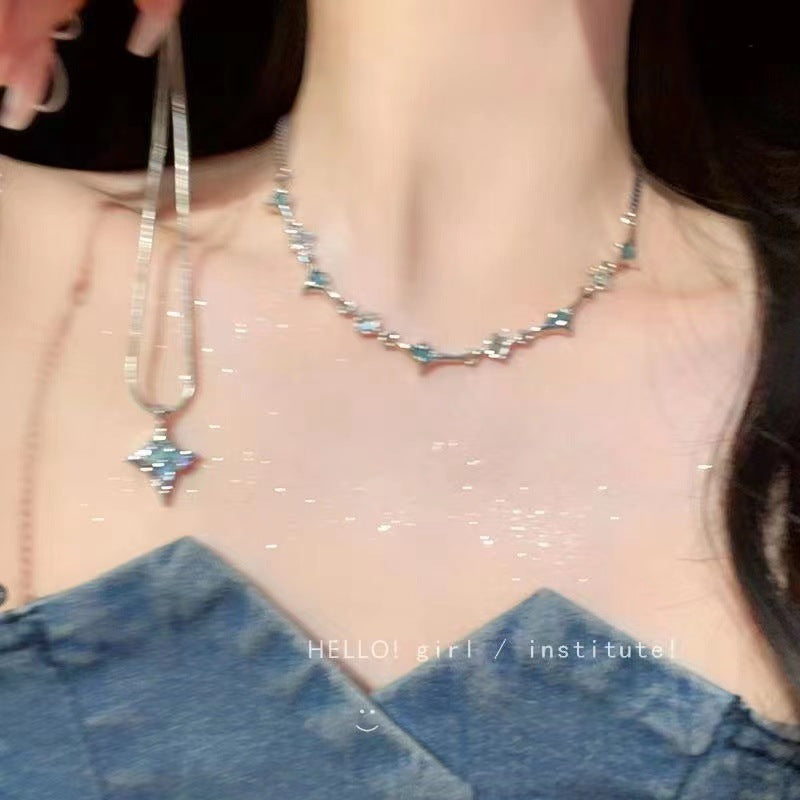 Wholesale Double-layer Blue Four Mans Star Zircon Necklace