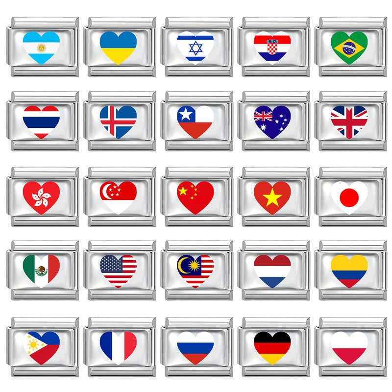 Wholesale Electroplated Stainless Steel Heart Italian Flag Charm DIY Bracelet Jewelry Accessory Boutique Resale