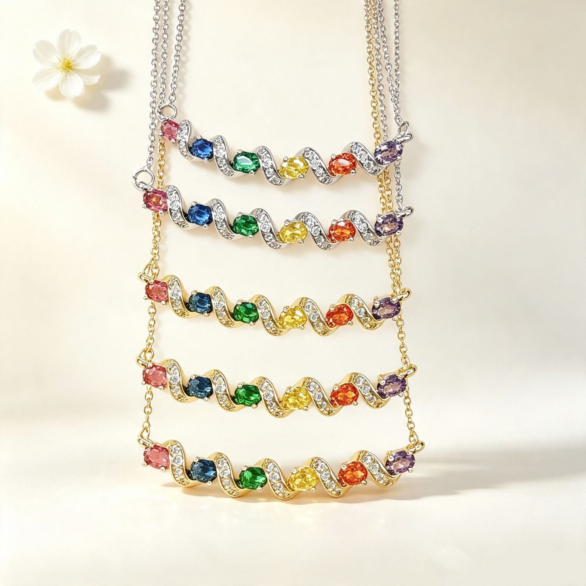 Wholesale Modern Rainbow Zircon Wave Pendant Gold Plated Brass Trendy Jewelry Accessory For Party Gift