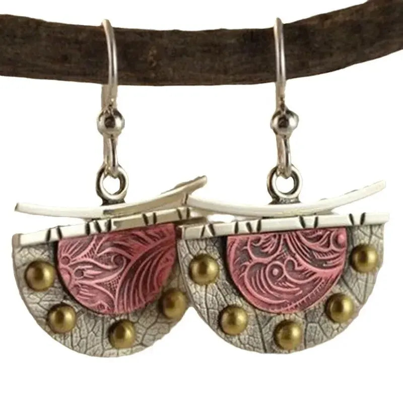 Wholesale Metal Hanging Earrings Geometric Semi-circular Carved Flower Handmade Earrings