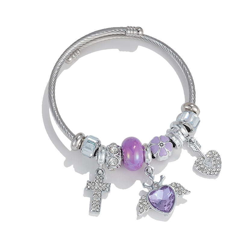 Wholesale Heart Shape Crystal Cross Rhinestone Beaded Stainless Steel Bracelet ACC-BT-QingLian003