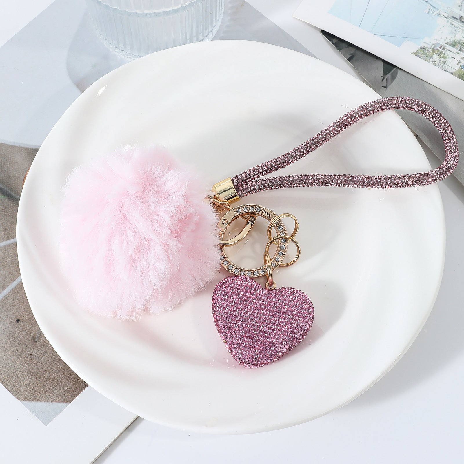 Wholesale Pom Pom Heart-shaped   rhinestone-encrusted keychain