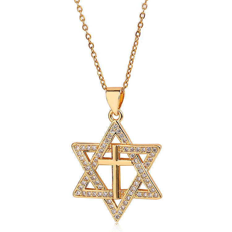Wholesale Chic Star Cross Pendant Necklace 14K Gold Plated Micro Set Zircon Copper Jewelry Gift