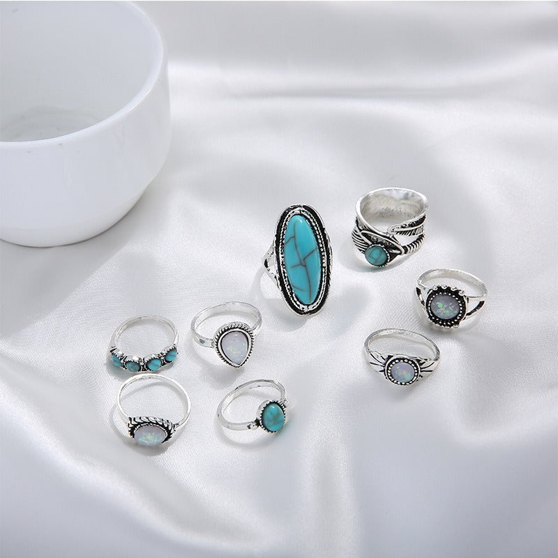 Wholesale Retro Set Turquoise Feather Ring Set