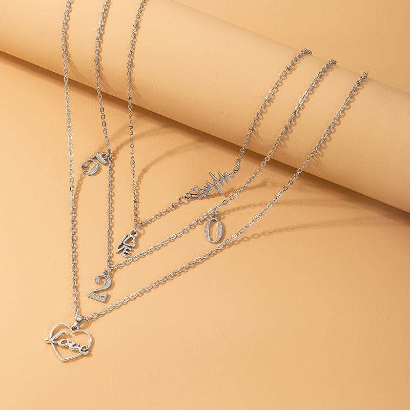 Wholesale Love Heart Digital ECG Multilayer Necklace Valentine's Day Necklace Set ACC-NE-YongGe023
