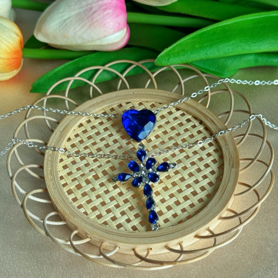 Wholesale Double Layer Cross Blue Crystal Rhinestone Love Cross Necklace