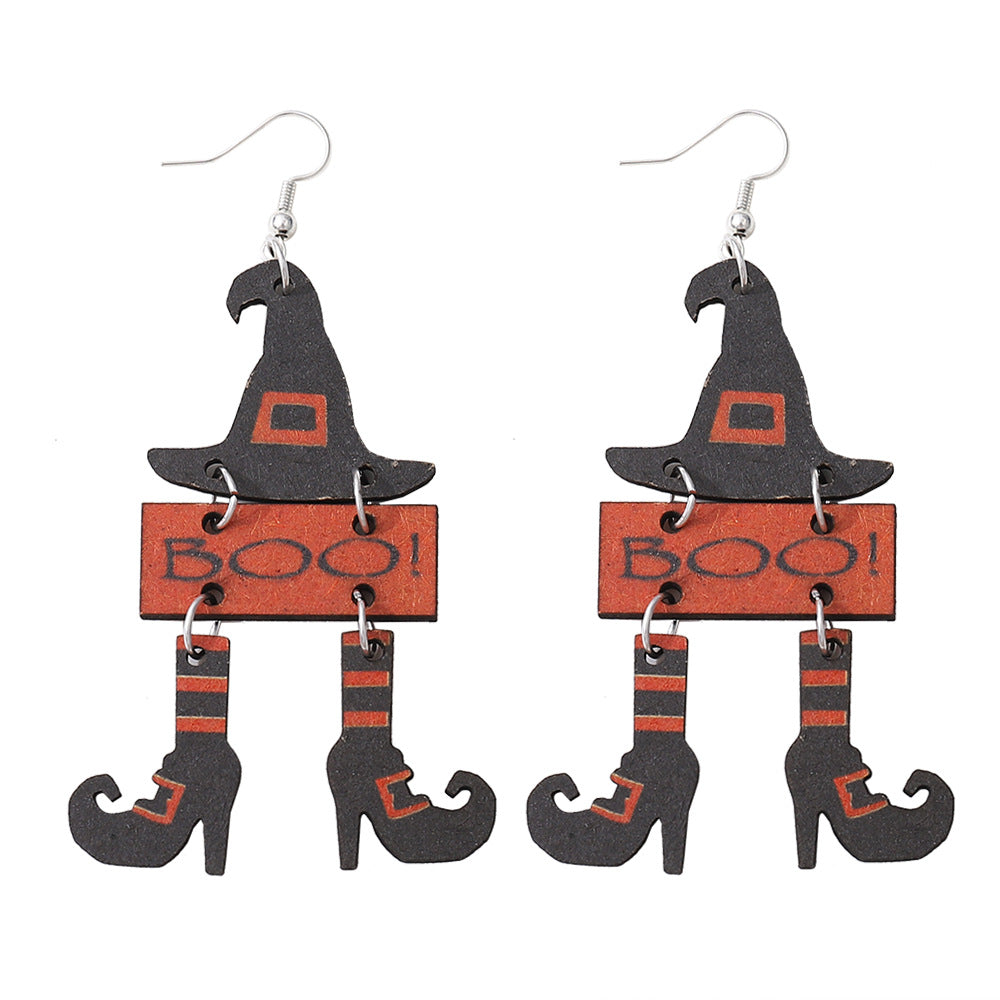 Wholesale  Gothic Wind Witch Hat Boots Triple ing Pendant Wooden Double-sided Earrings