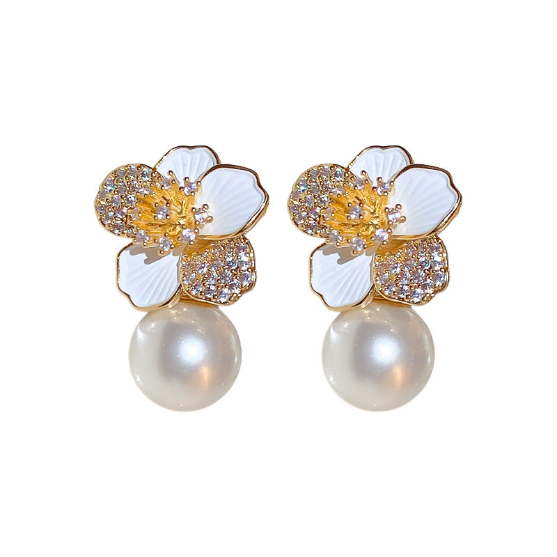 Wholesale  Zircon Flower Pearl 925 Silver Earrings Light Luxury Earrings