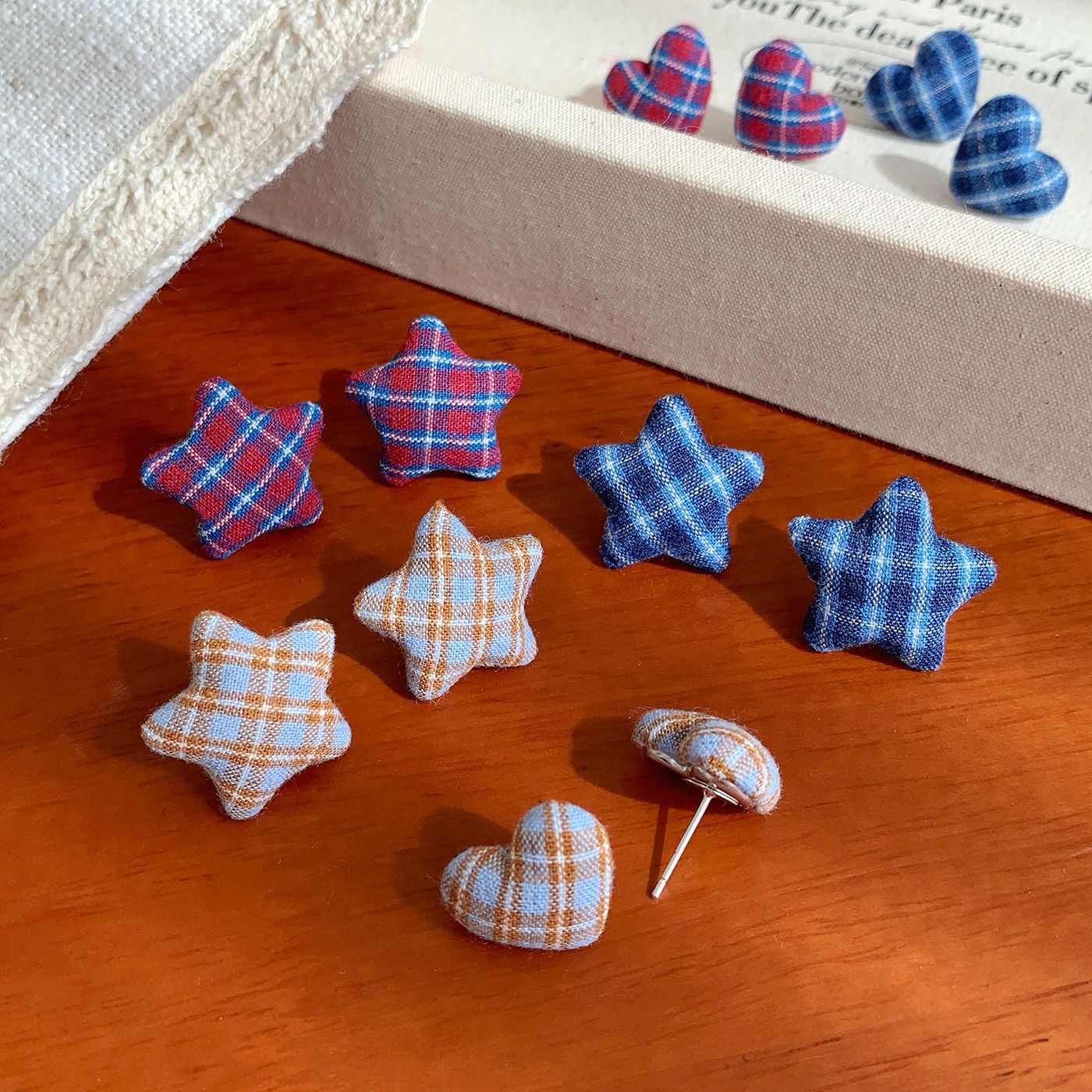 Wholesale Retro colorful fabric plaid five-pointed star heart earrings silver needle literary design earrings