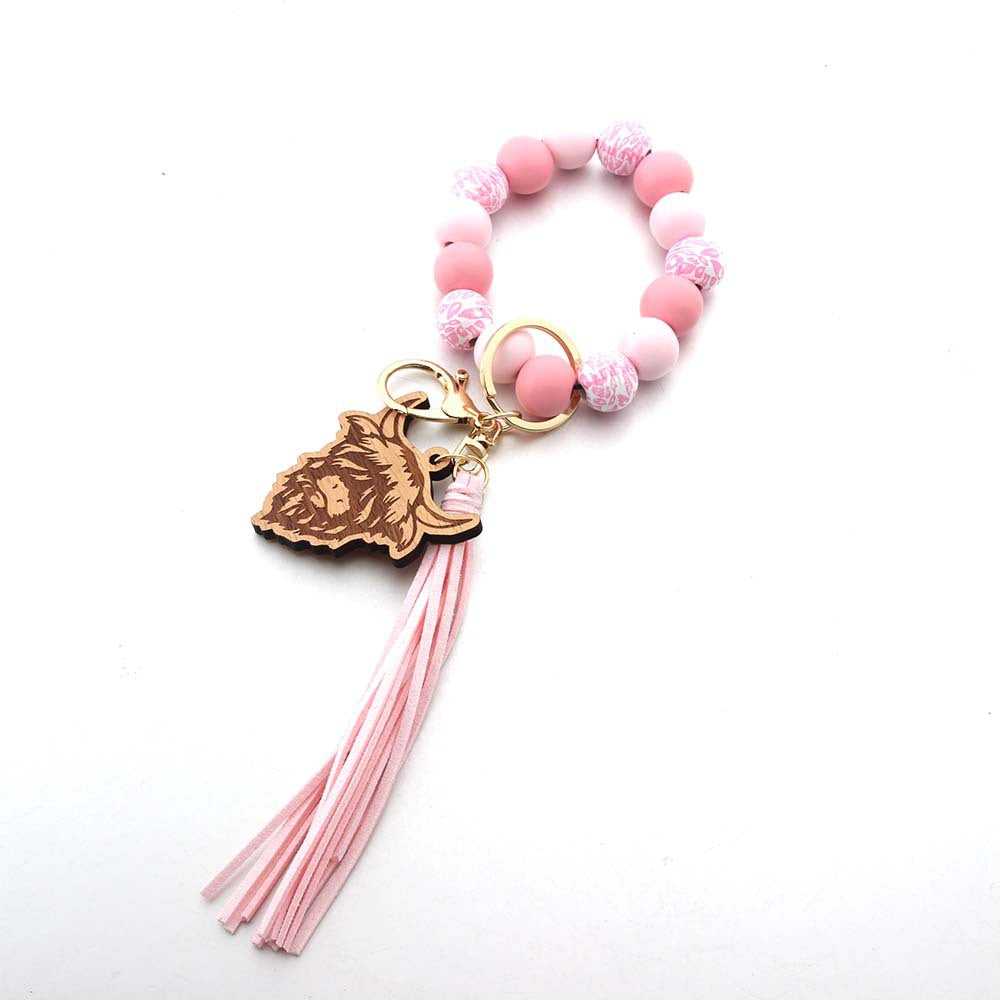 Wholesale Western Style Cow Tassel Wood Beads Beaded Wristlet Keychain ACC-KC-JinAn014