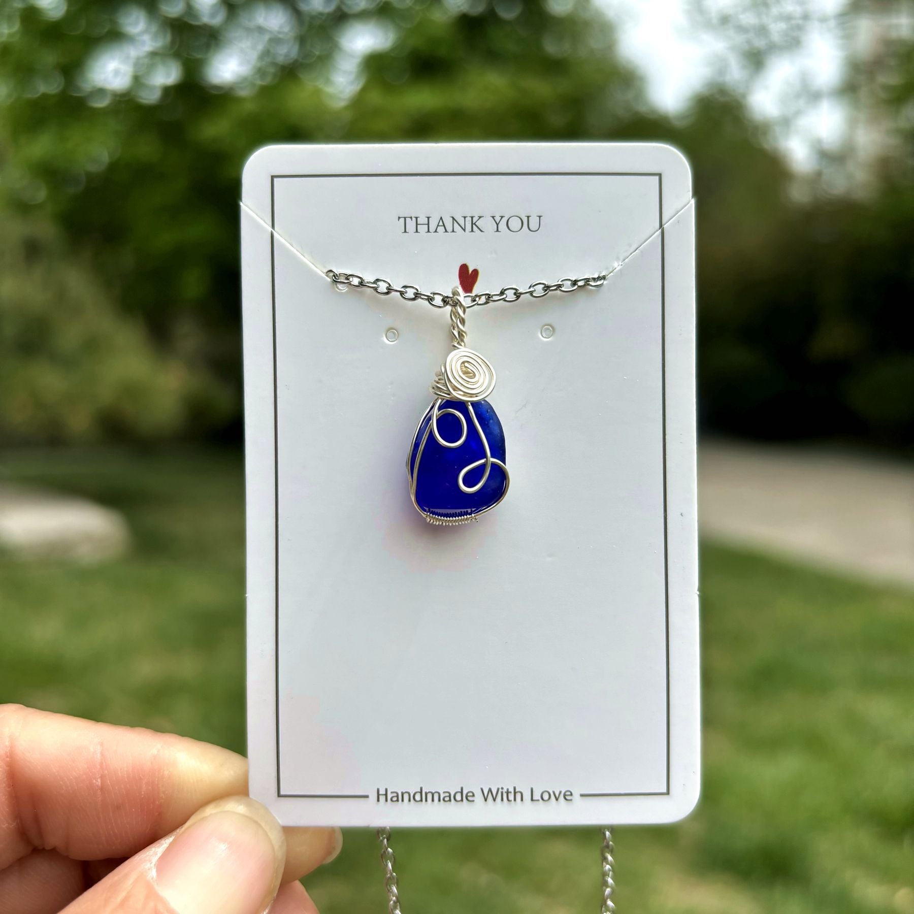 Wholesale Hand Wound Sea Glass Blue Necklace Pendant Crystal Natural Stone Crystal Mesh Bag ACC-NE-RongGuan012