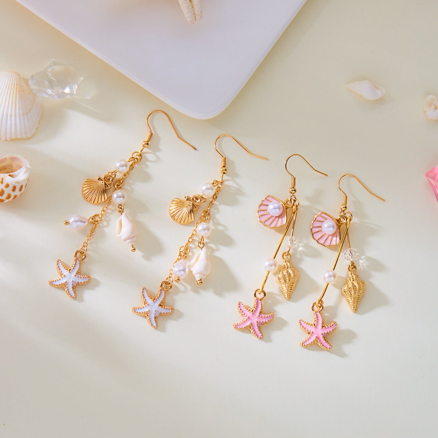 Wholesale Summer  Conch Shell Starfish Long Pearl Tassel Earrings