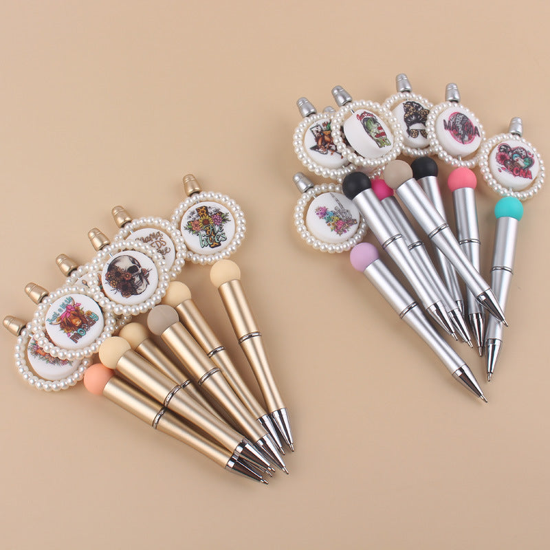 Wholesale Creative pearl ring cartoon round printing beaded pen