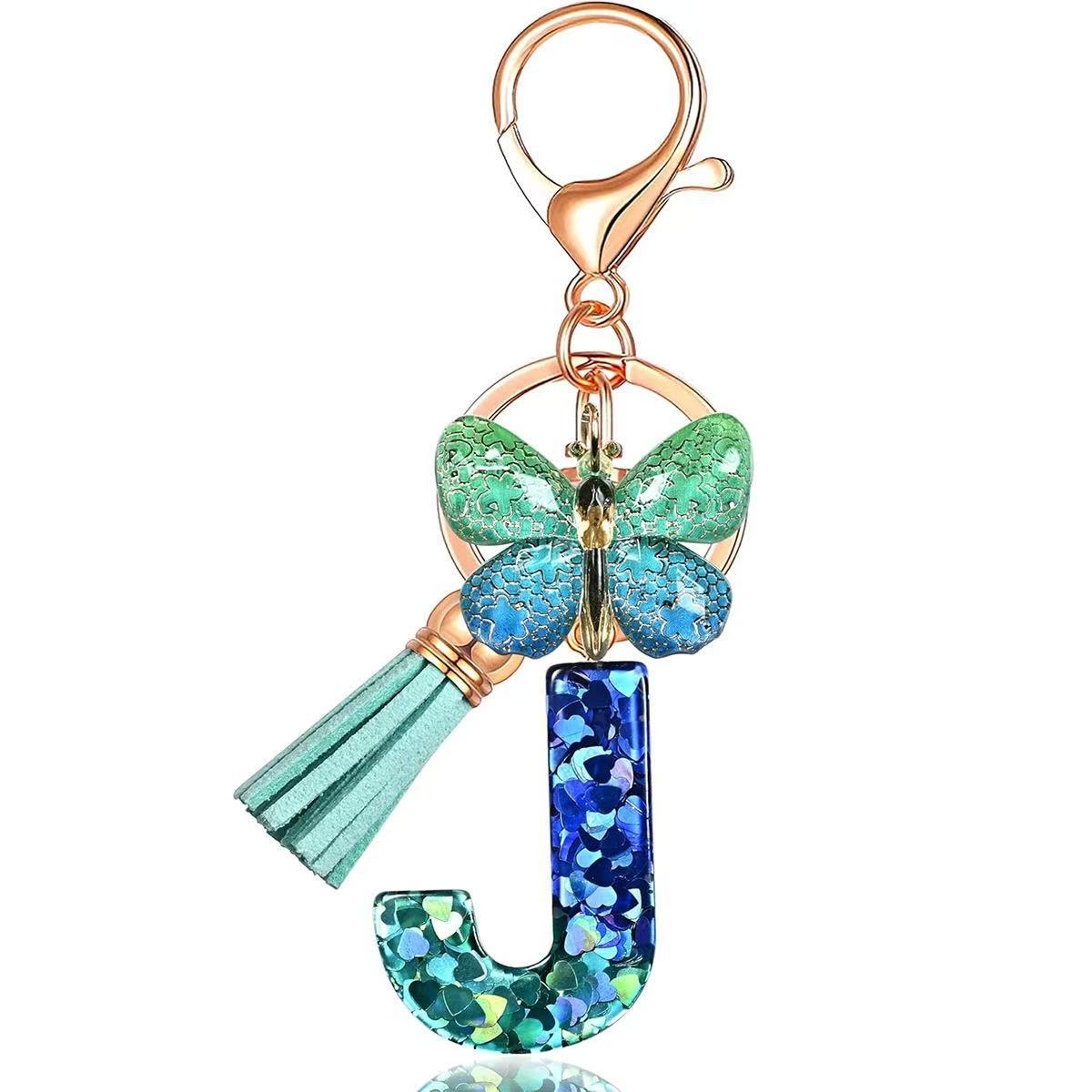 Wholesale Resin Alphabet Keychain With Butterfly Tassel Blue Gradient Vacation Style Fashion Accessory For Bags And Keys