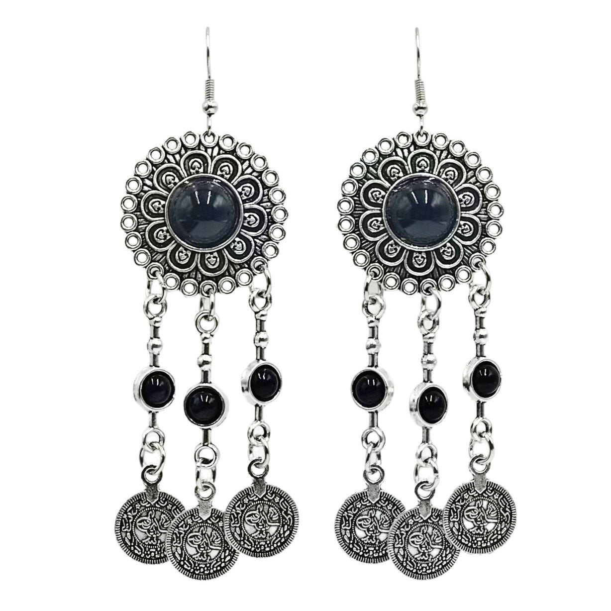 Wholesale Alloy Vintage Coin Tassel Earrings,  Black Bohemian Dangle Earrings,  Trendy Jewelry Accessory for Women