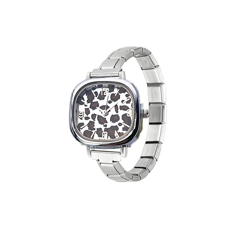 Wholesale Cross-Border Fashion Silver Leopard Print Italian Modular Quartz Watch with Stainless Steel Band,  Unisex DIY Watch Head