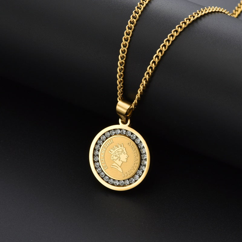 Wholesale titanium steel round zircon pendant necklace