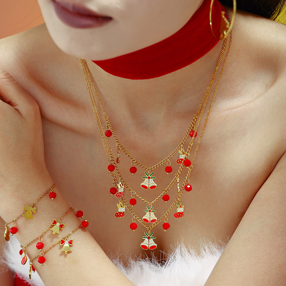 Wholesale stainless steel zircon oil drop bell cut face red agate necklace