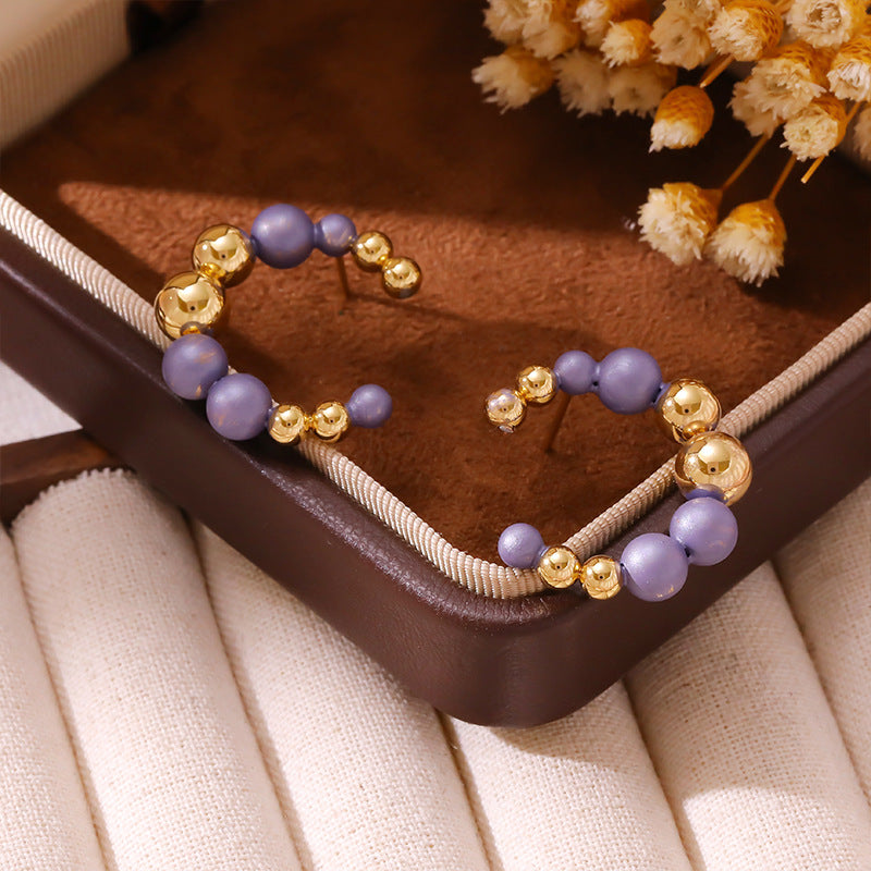 Wholesale Minimalist Light Luxury Stainless Steel Colorful Beaded C-Hoop Earrings