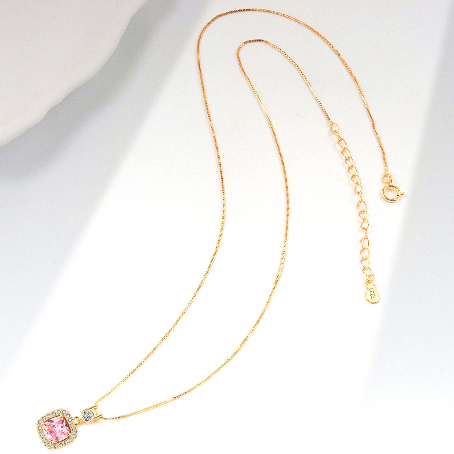 Wholesale All-match zircon square sterling silver necklace luxury pink diamond necklace