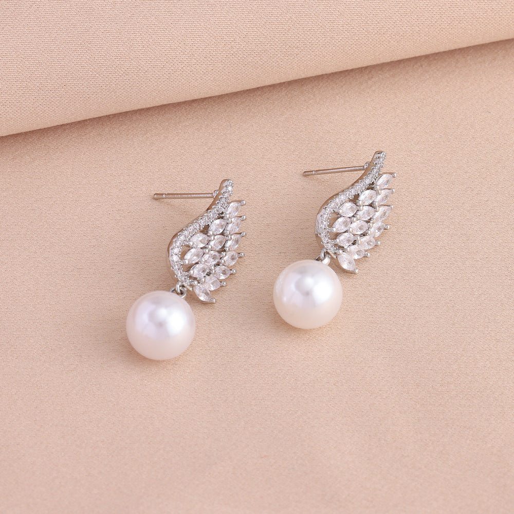 Wholesale Titanium Steel Full Zirconium Feather Pearl Pendant Necklace Earrings