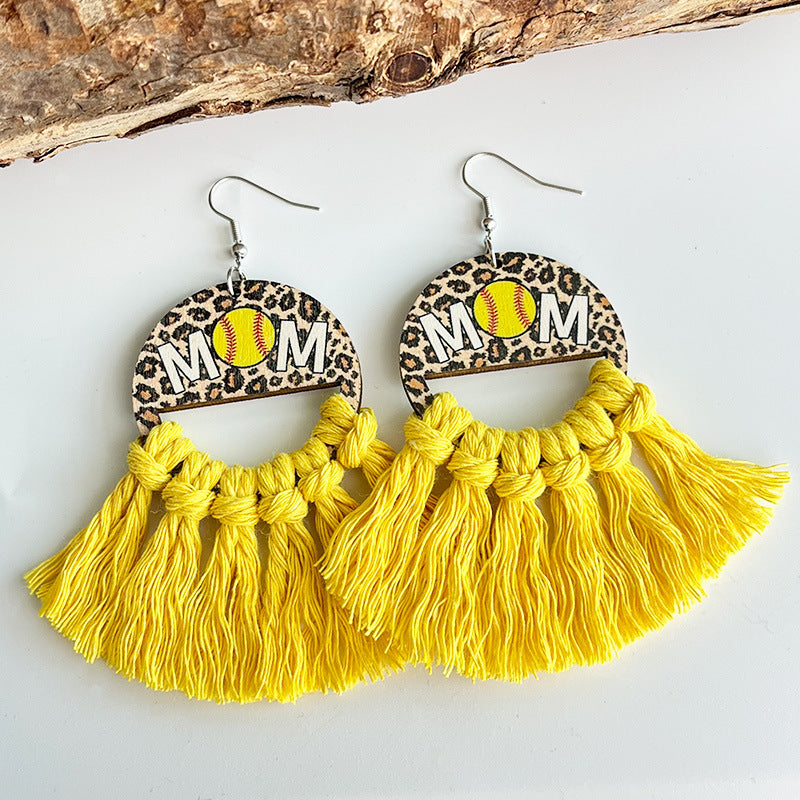 Wholesale Mother's Day bohemian woven tassel sports mom ball casual earrings