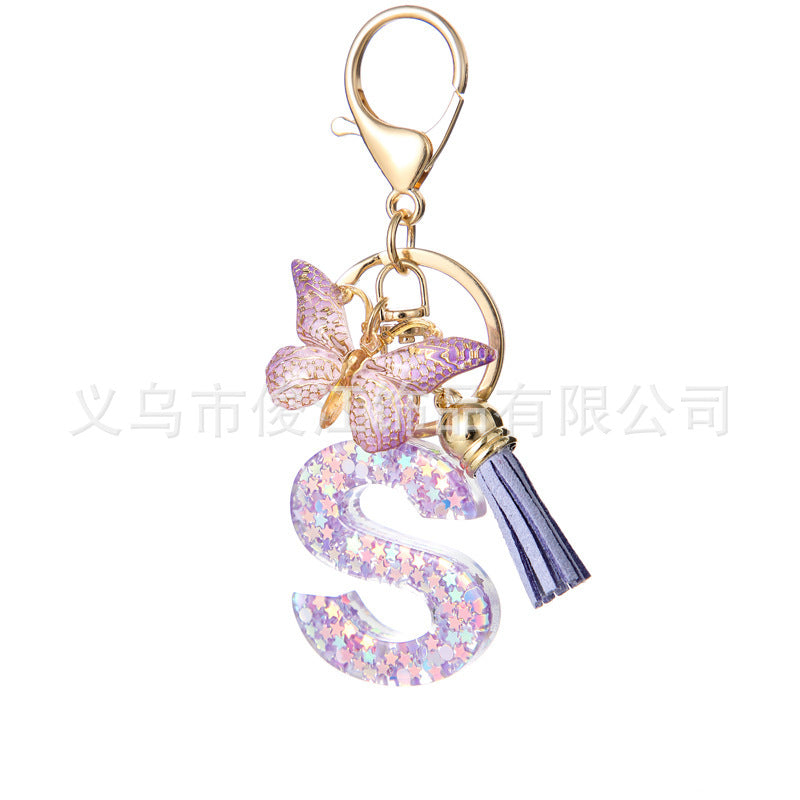 Wholesale Purple Star Tassel Resin Keychain 26 English Letters Bag Charm For Women Students Fashion Decorative Accessory