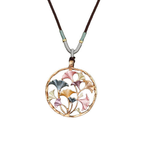 Wholesale  Round Hollow Color Painting Oil Ginkgo Leaf Woven Rope Long Necklace