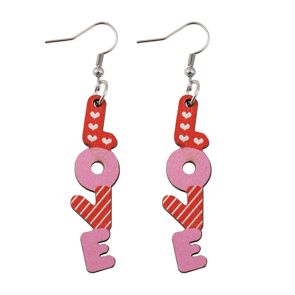 Wholesale Wooden Valentine' s Day Striped LOVE Pendant Earrings