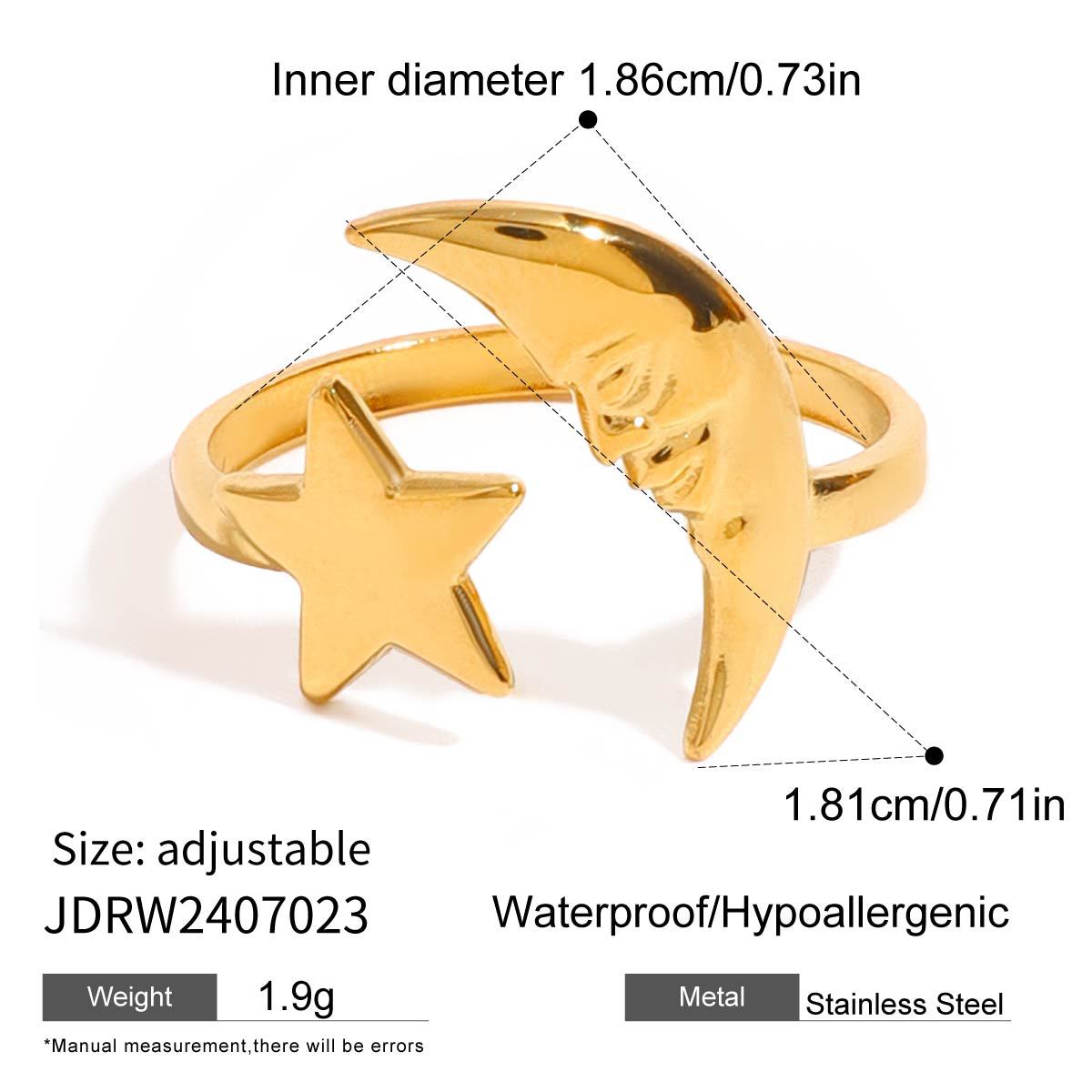 Wholesale  18k gold  simple star moon opening stainless steel ring