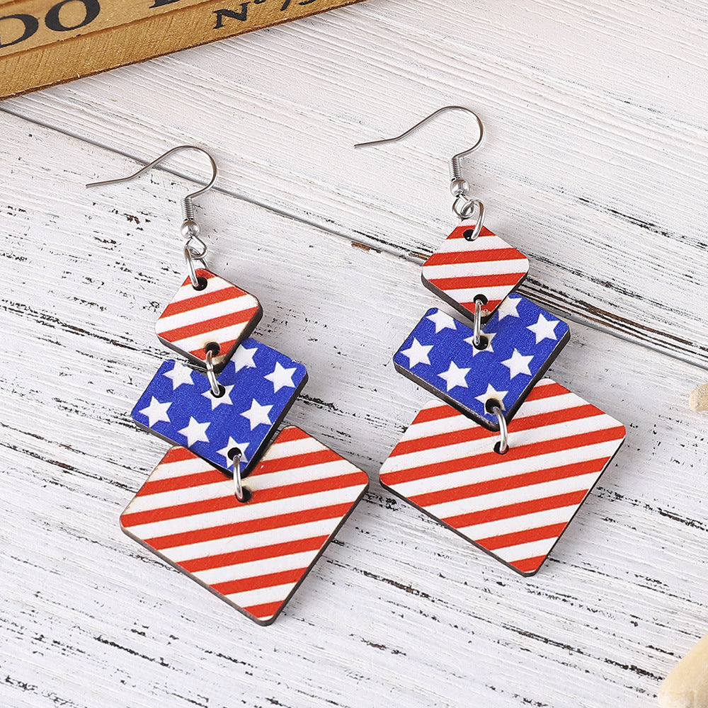 Wholesale of American Independence Day Red, White, Blue Striped Star Ice Cream Patchwork Wooden Double-sided Earrings ACC-ES-ChuLian009