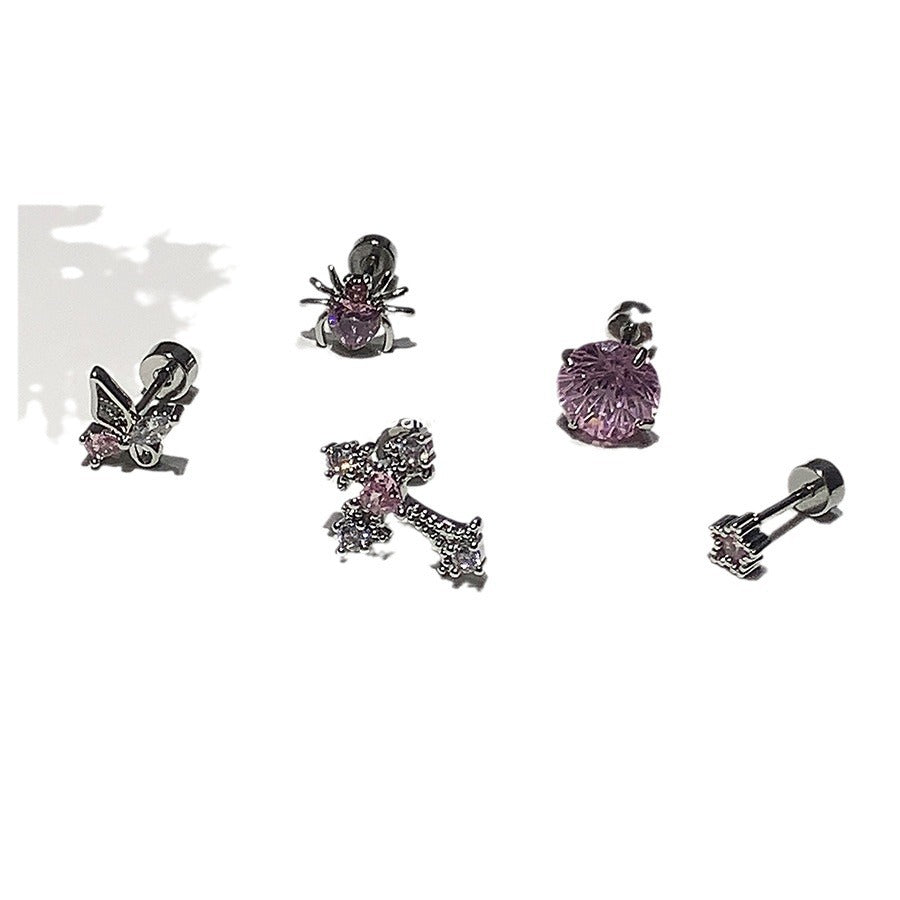 Wholesale Pink zircon cross ear bone nail titanium steel screw  butterfly earrings