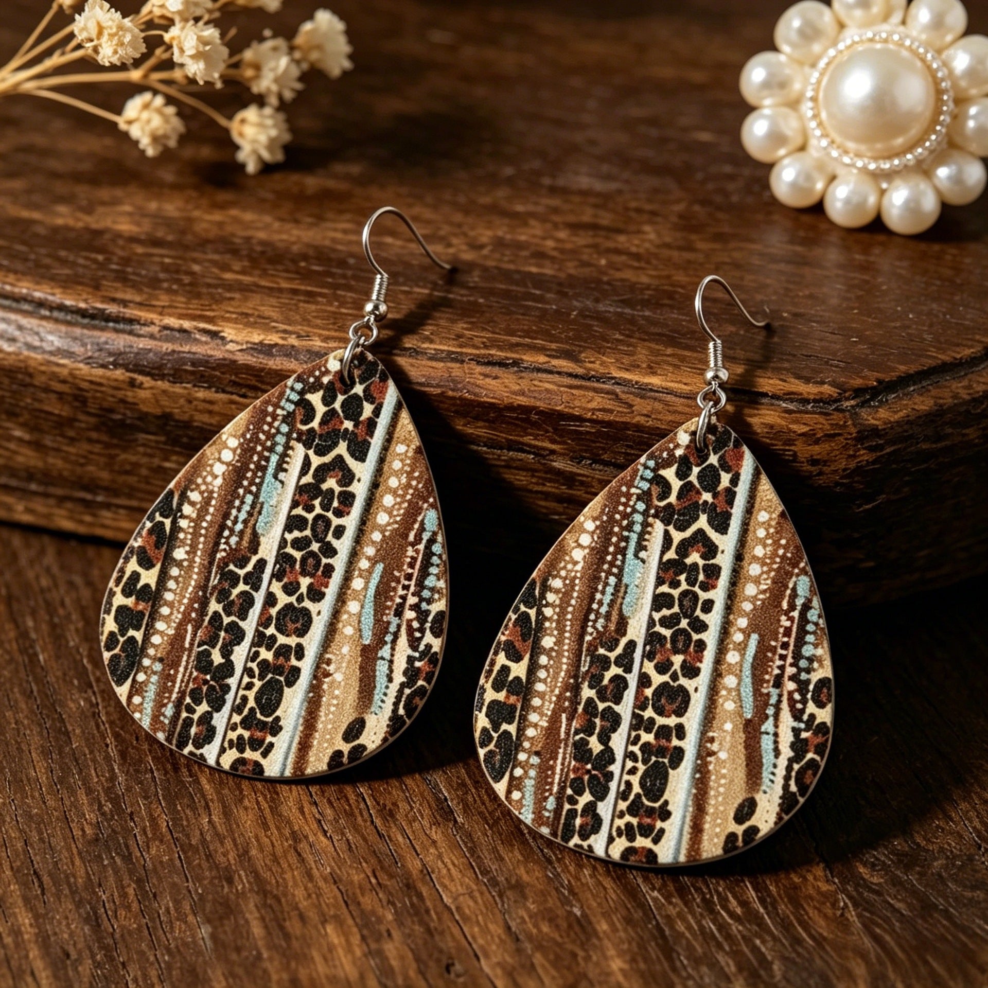Wholesale Leather Western Cowboy Leopard Print Teardrop Earrings Retro Fashion Accessory