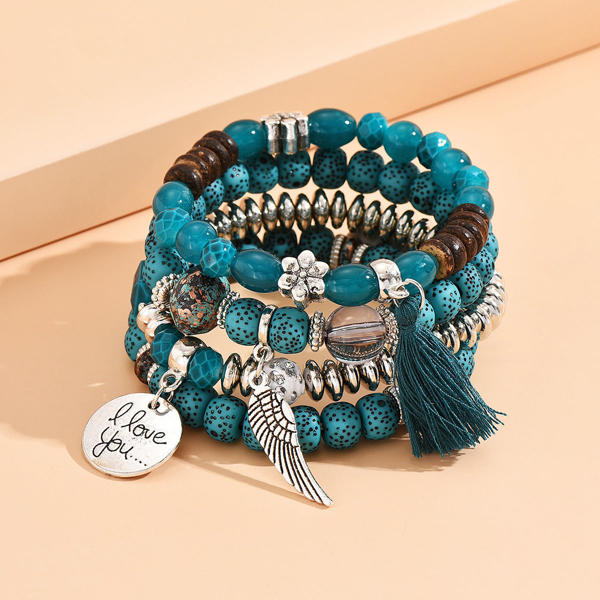 Wholesale Crystal Multi-layer Contrasting Color Turquoise Bracelet Leaf Alloy Tassel 4-piece Set Layered Bracelet Set ACC-BT-Yeb002