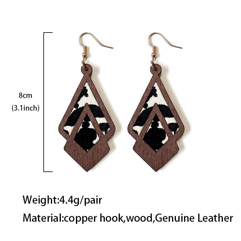 Wholesale  Western retro wooden earrings leopard print milk pattern inlaid earrings