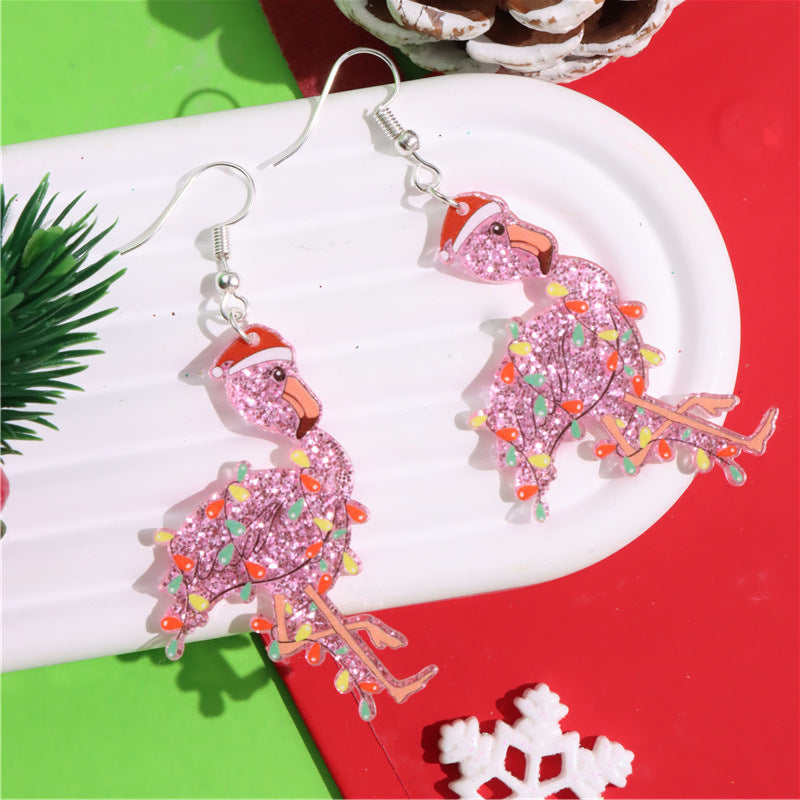 Wholesale  Christmas Party Pink Flamingo Lantern Printed Acrylic Earrings