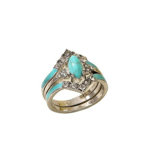 Wholesale Chic Retro 3-Piece Ring Set - Silver Tone Zinc Alloy with Rhinestone and Turquoise Accents,  Fashion Jewelry Accessory for Women