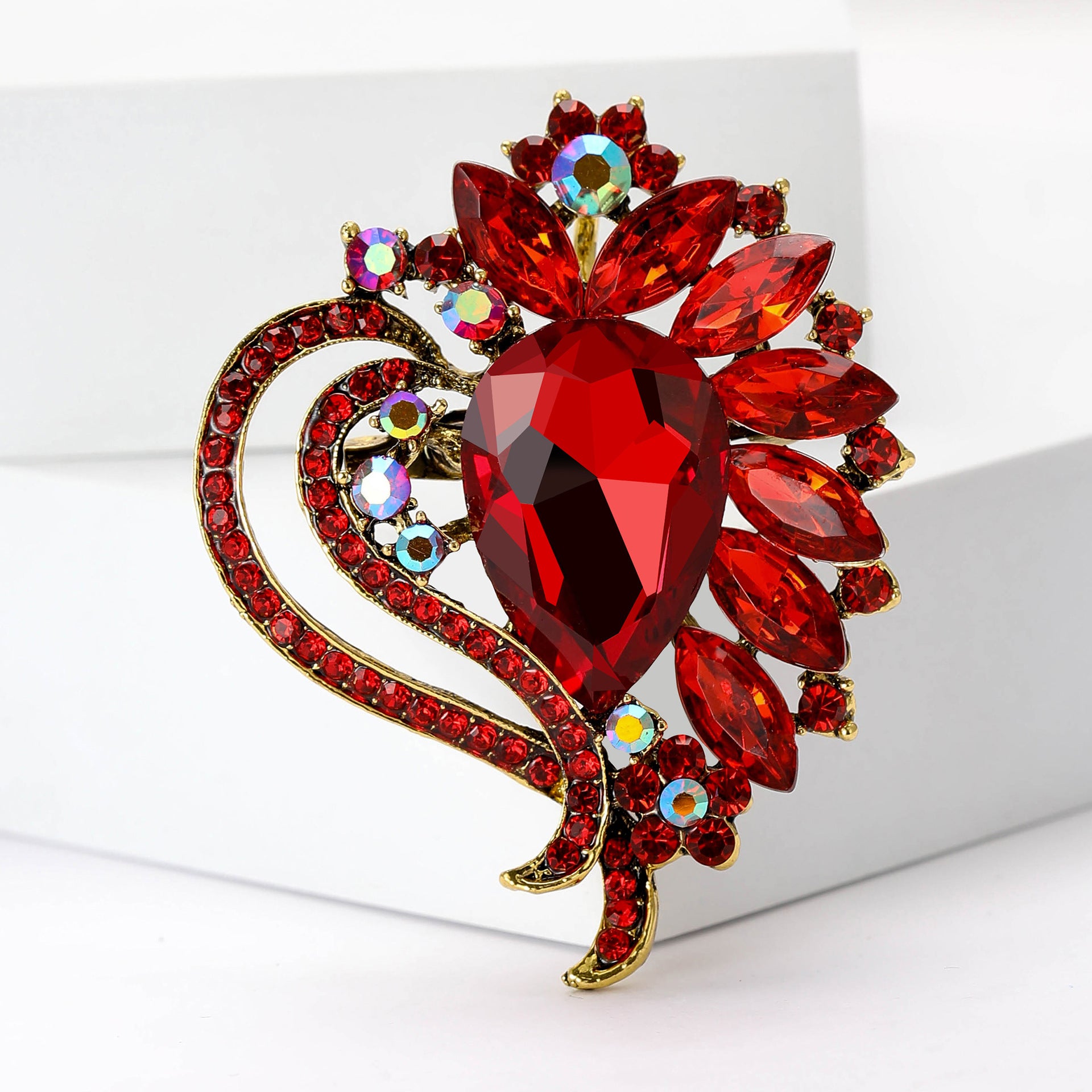 Wholesale Flower Brooch Pin Alloy Red Crystal Glass Style Women S Party Fashion Accessory