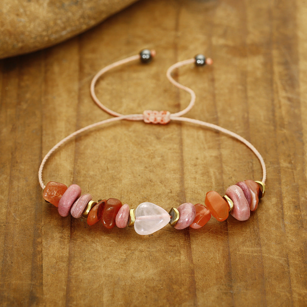 Wholesale Beaded Stone Bracelet Heart-Shaped Rose Quartz Red Agate Gravel Combination Crystal  Bracelet