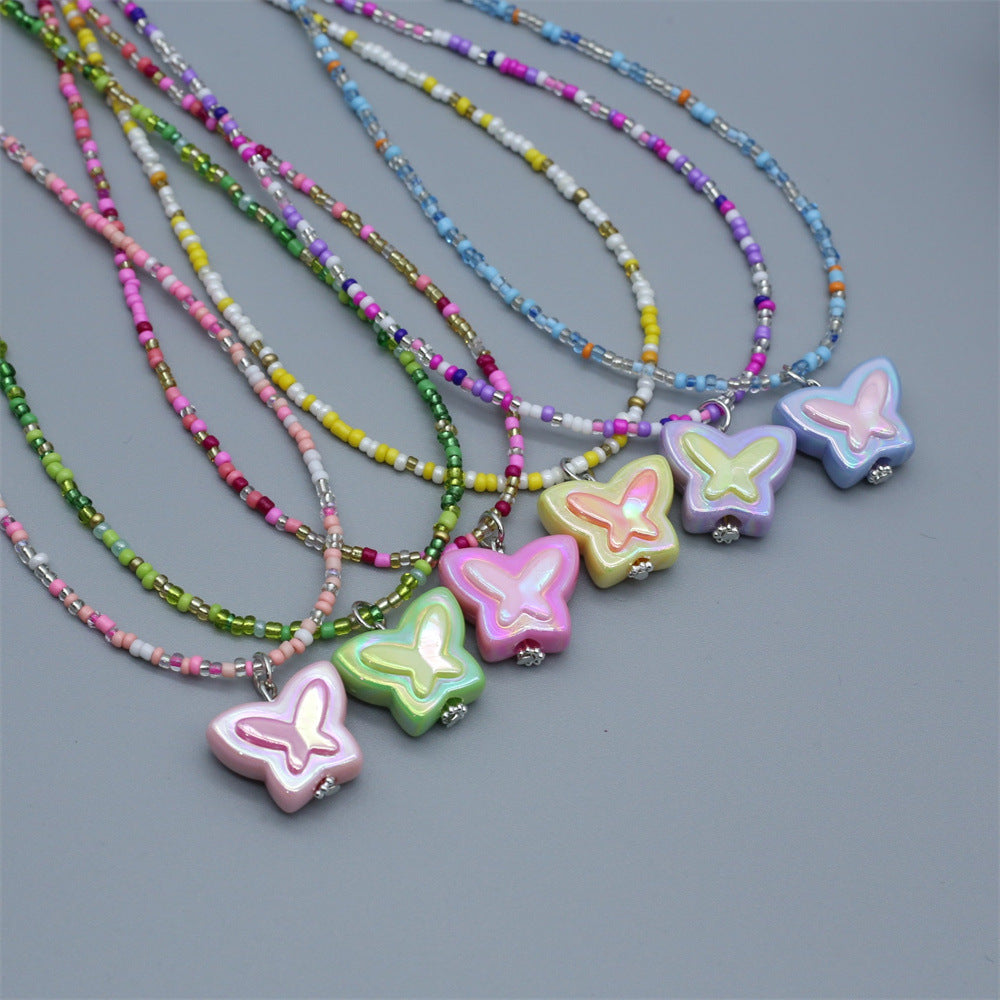 Wholesale Chic Gray Beaded Butterfly Pendant Collarbone Necklace Handmade Women S Fashion Jewelry Accessory For Resale