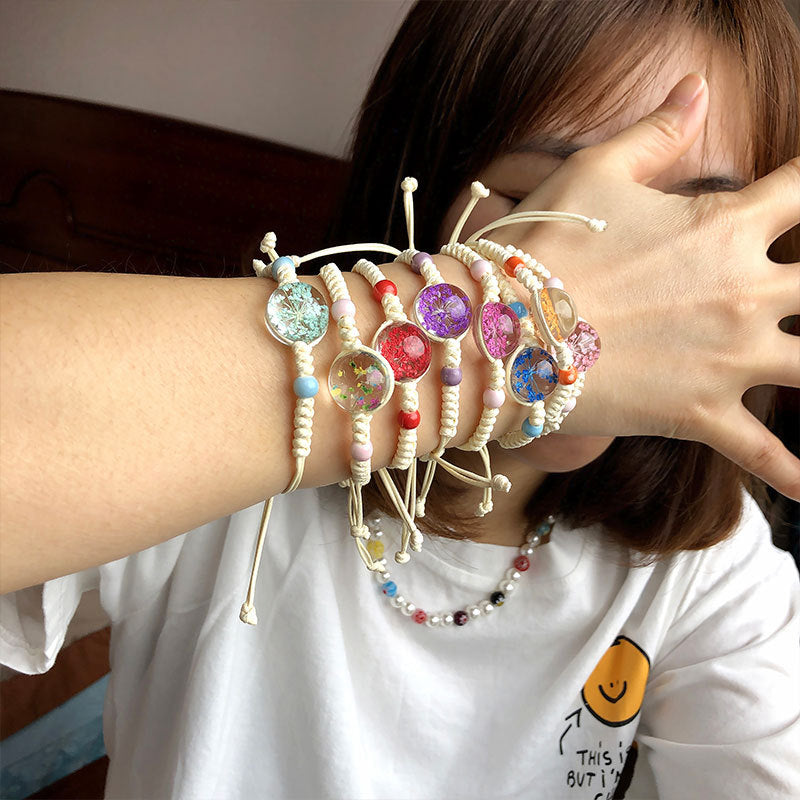 Wholesale Women' s Handmade Dried Flower Bracelet with Glass Ball Charm,  Red,  Boutique Resale Gift for Everyday Wear
