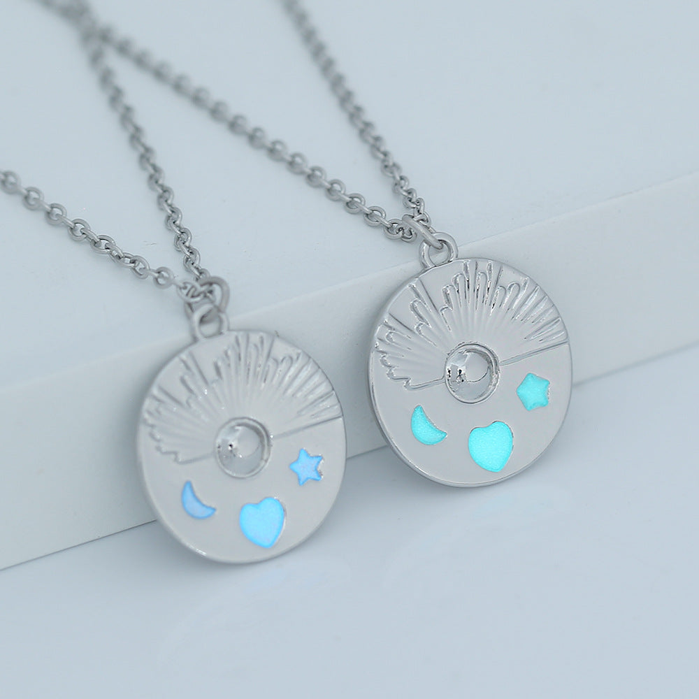 Wholesale  retro round star moon love oil drop luminous pendant necklace