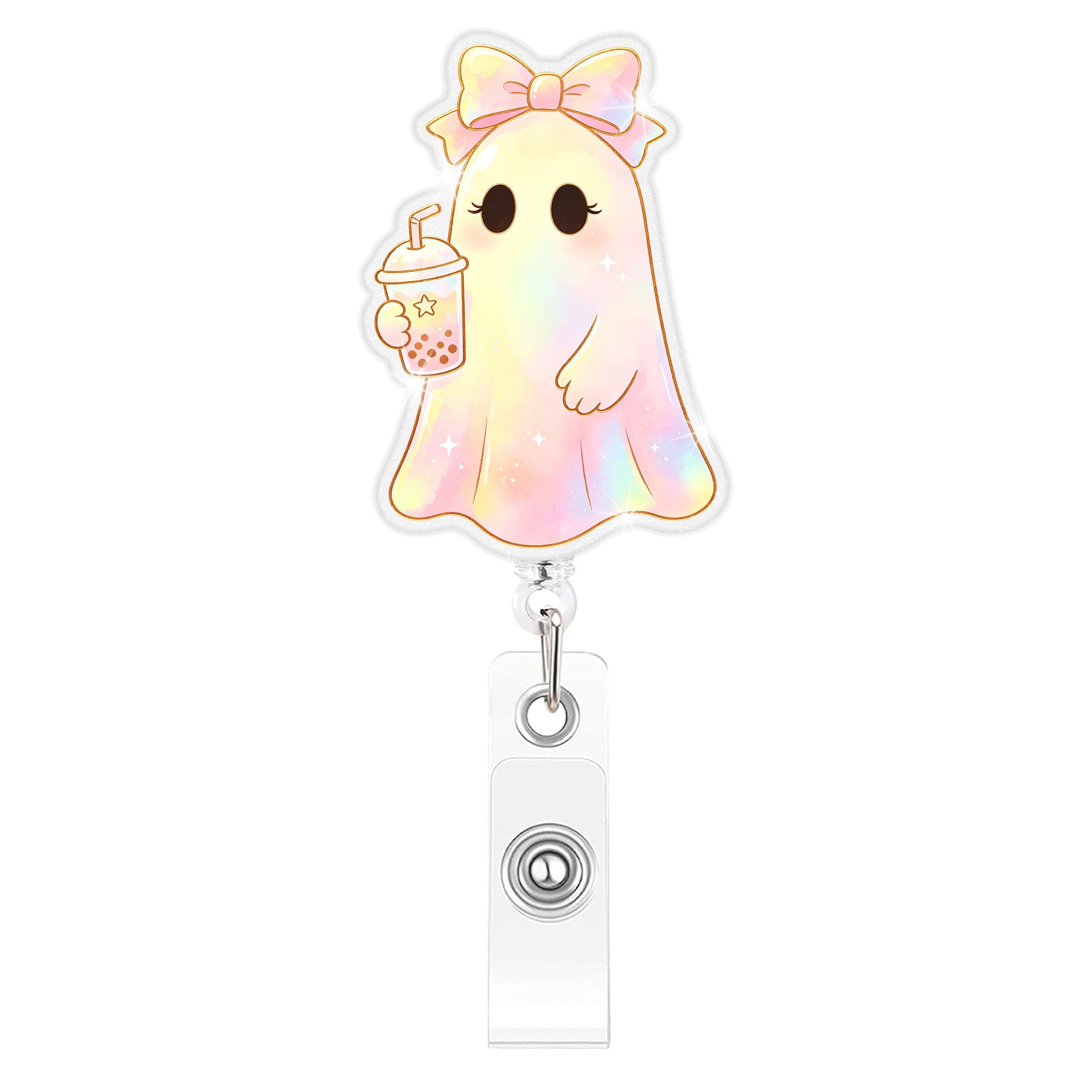 Wholesale Trendy Glitter Boo Ghost Retractable Badge Reel Plastic Car Key Accessory With Gradient Finish Decorative Party Gift