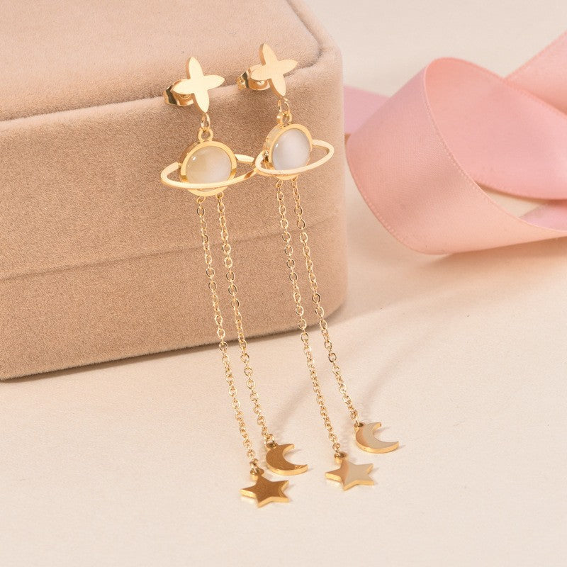 Wholesale Titanium Steel full diamond round pendant mid-length flower earrings