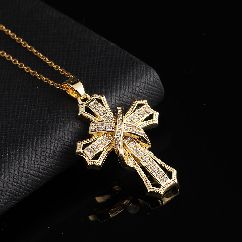 Wholesale Copper Electroplated Zircon Cross Pendant Necklace For Women Fashion Jewelry Accessory Gift